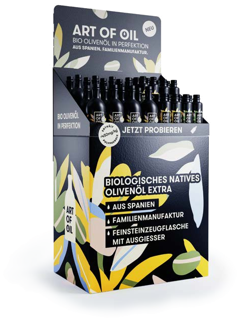ART OF OIL Verkaufsdisplay mit Bio-Olivenöl und aromatisierten Varianten